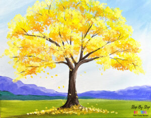 fall landscape painting of a tree with bright yellow leaves