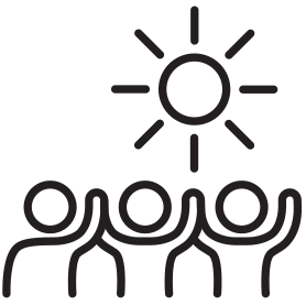 Icon of three silhouetted figures standing together with a bright sun shining behind them